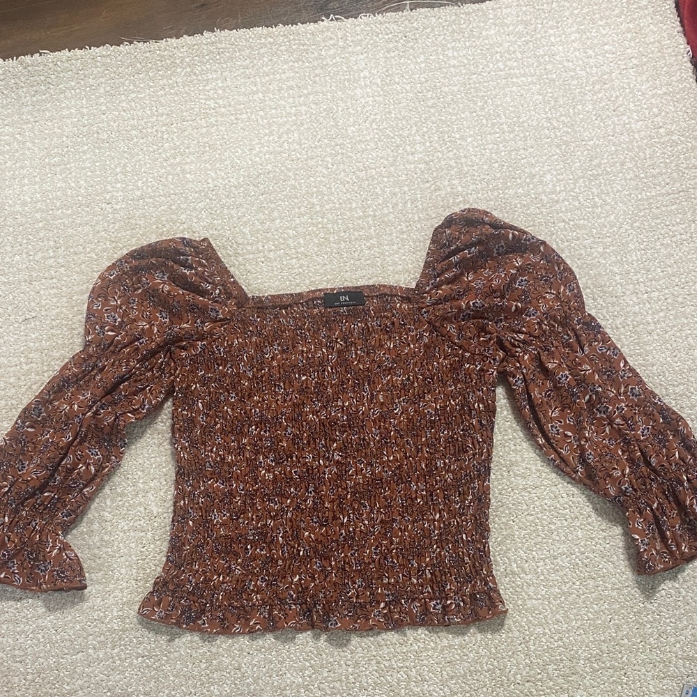 I.N. San Francisco Floral Smocked Top in Brown - Picture 7 of 15